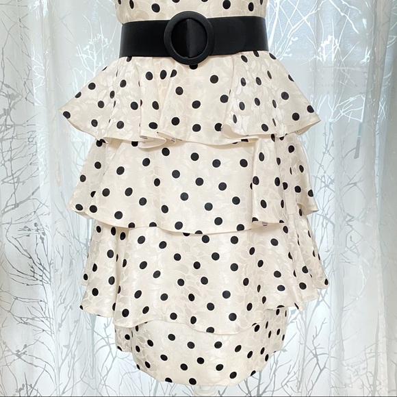 Vintage 1980’s SCAASI Boutique white black polka dot ruffle button up back dress - Picture 3 of 16